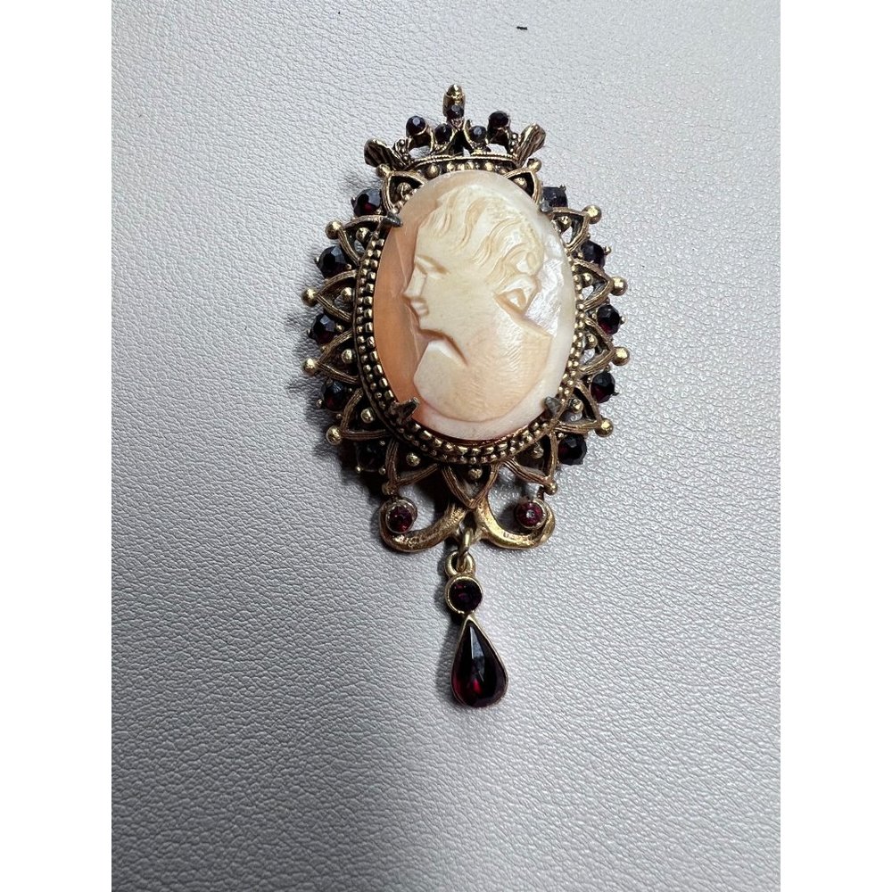 Vintage Florenza Cameo Brooch with Red Ruby Crystals, Dangle , Gold Tone